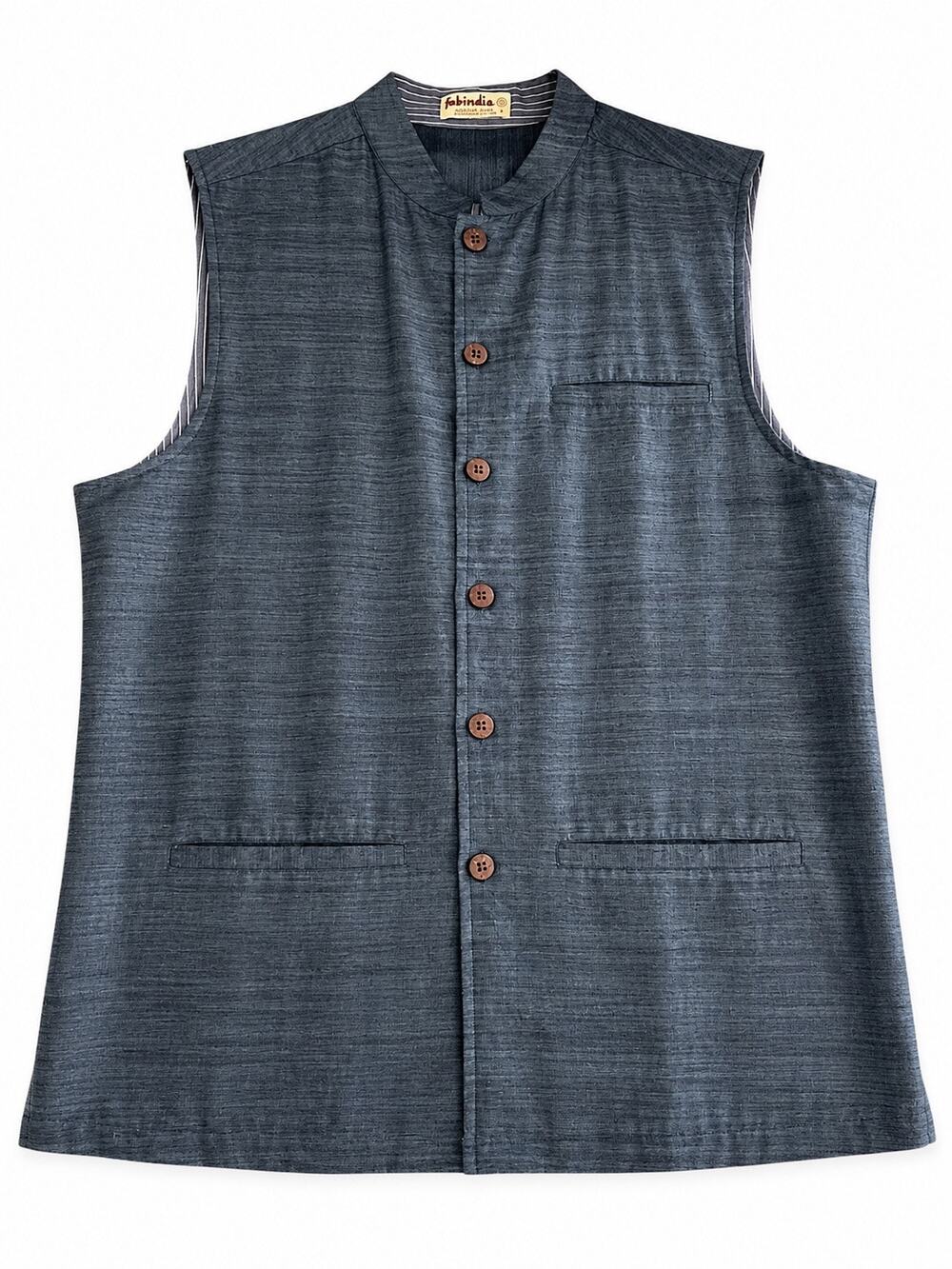 Fabindia Silk Nehru Vest in Blue Size 40